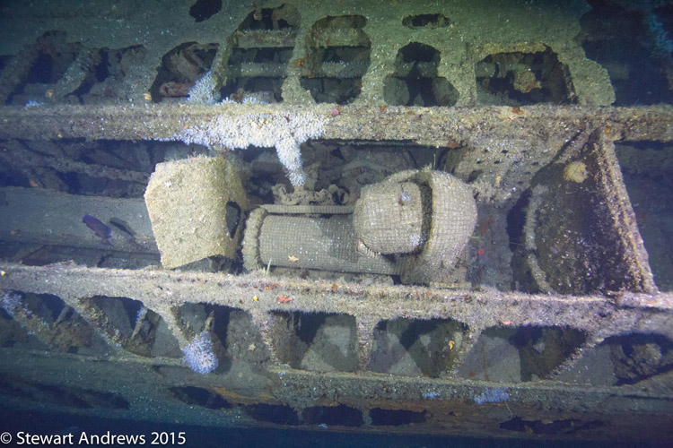 Snorkel head shown with exhaust outlet on left hand side -radar absorbing material (Alberich) and ball float covering the air intake on right hand side. There is also a small bracket to hold the radar detection unit. For scale the snorkel float is approximately the size of a football.